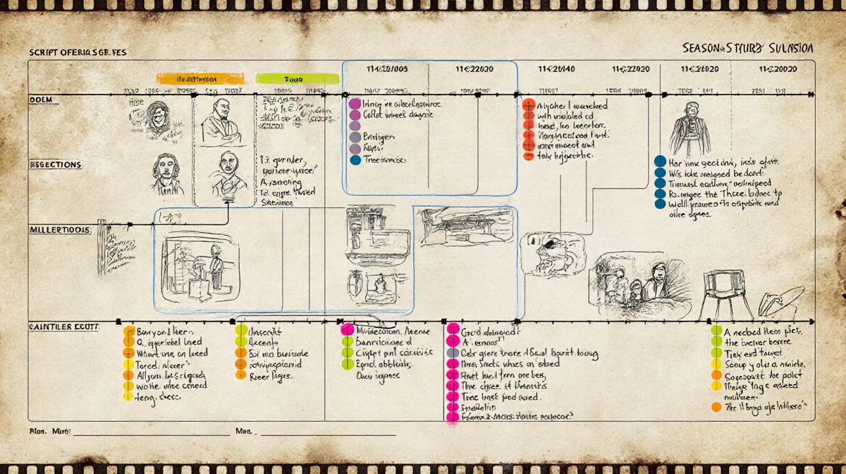Director planning three-season series with color-coded timeline and character sketches on film reel background
