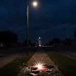 Streetlight illuminates shattered firework with scattered phone and wallet in Lubbock