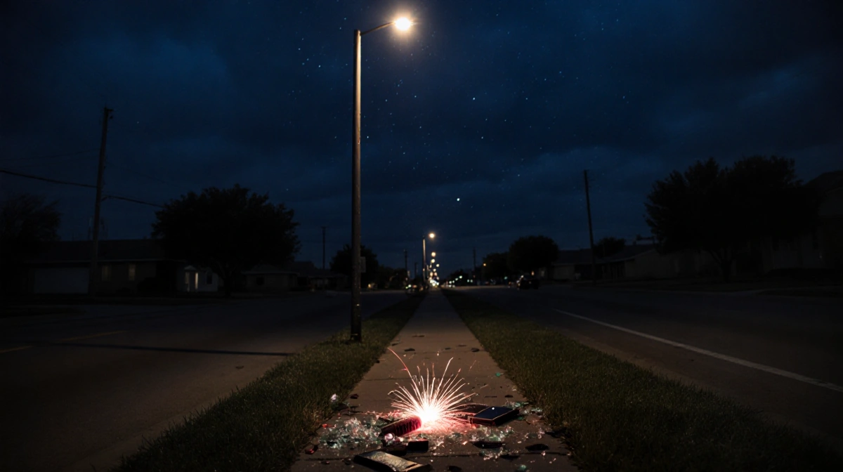 Streetlight illuminates shattered firework with scattered phone and wallet in Lubbock