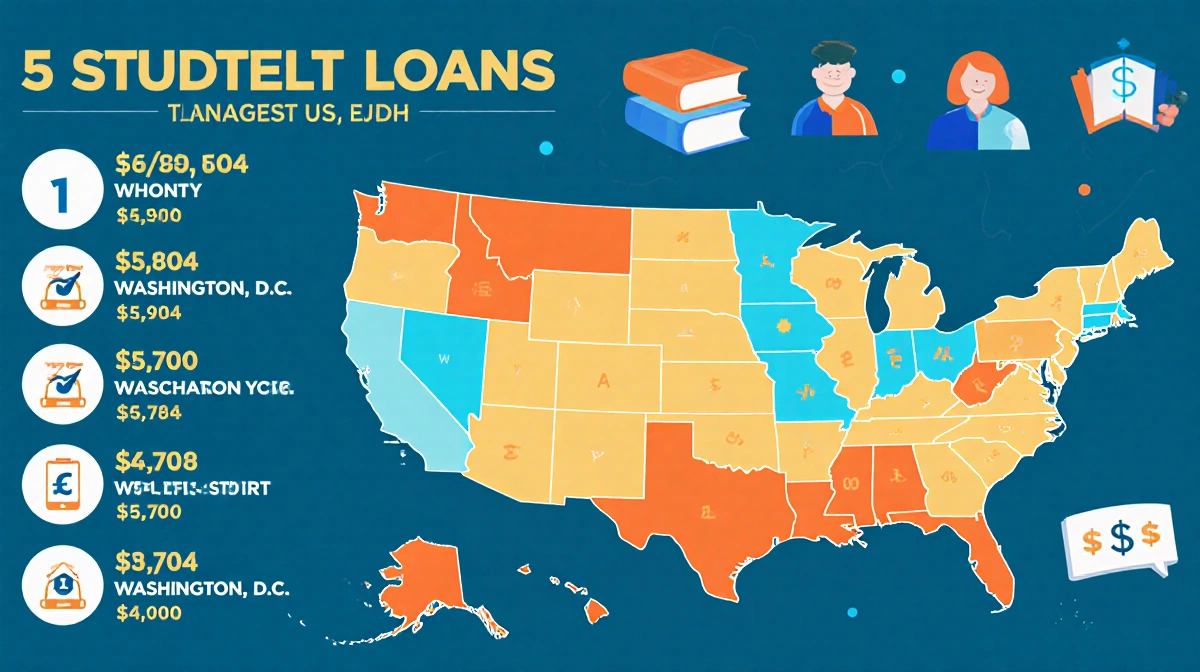 Infographic map shows states with highest student loan balances Washington D.C. top state students books and money symbols.