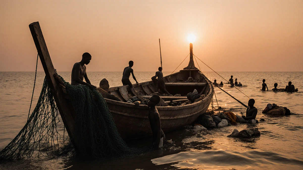 Wooden boat lying partially submerged with survivors clinging to debris and sunset orange glow behind shore