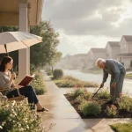 Young woman reading a book under an umbrella on her porch with a soft overcast sky and misty glow on the suburban street