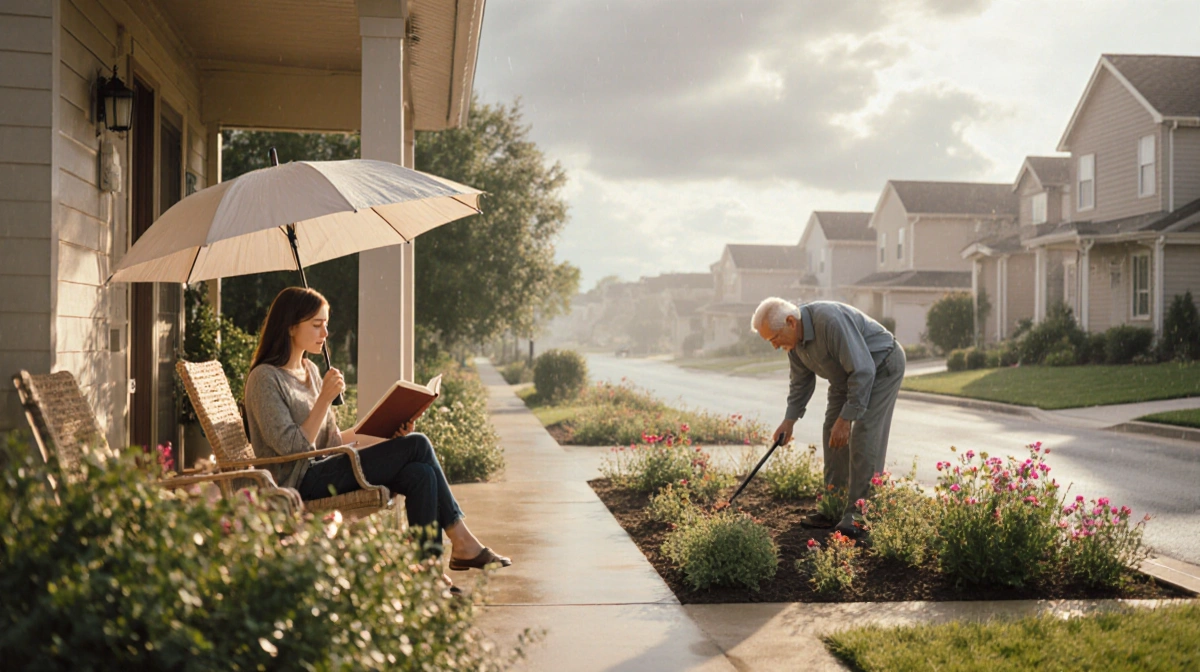 Young woman reading a book under an umbrella on her porch with a soft overcast sky and misty glow on the suburban street