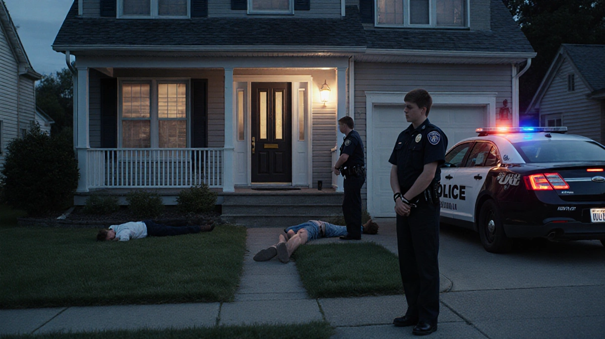Young suspect standing cuffed with police car parked in driveway and lifeless figures lying on porch.