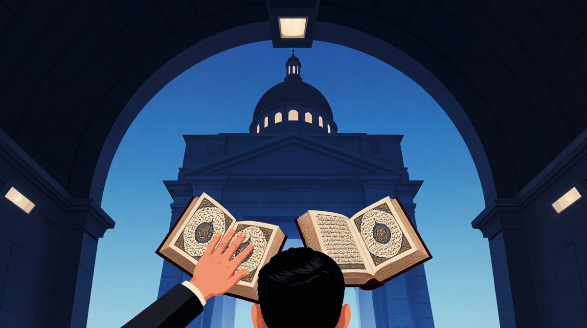 Zohran Mamdani placing his hand on two ancient Qurans with dark subway station beneath City Hall and a grand arched entrance