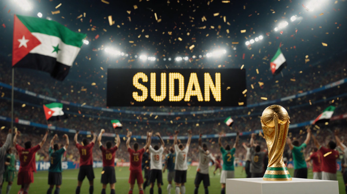Scoreboard displaying Sudan in golden letters with confetti and blurred cheering fans in background showing trophy.