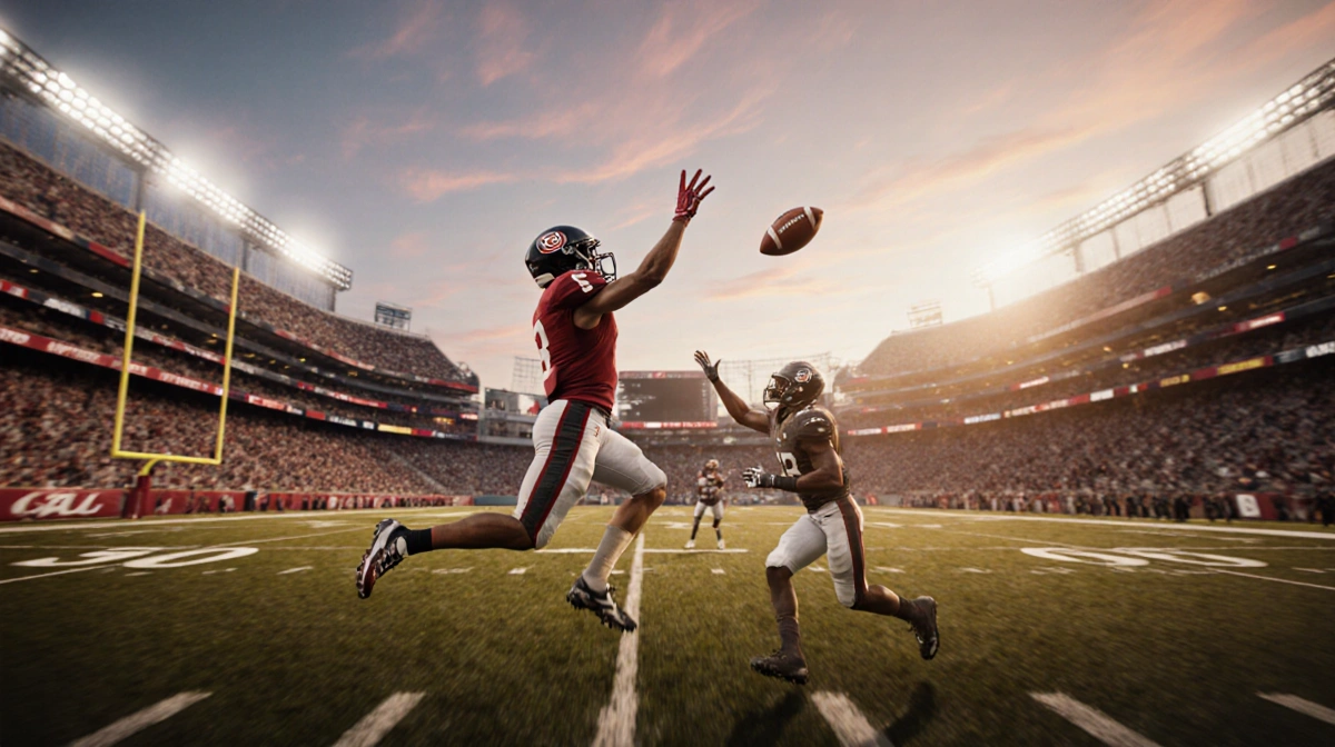 Trinidad Chambliss throwing a football pass with De'Zhaun Stribling catching Kewan Lacy racing toward end zone Sugar Bowl.