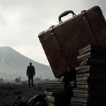 Old suitcase tilting over a stack of mountain-like piles with misty Venezuelan backdrop and a shadowy silhouette in distance.