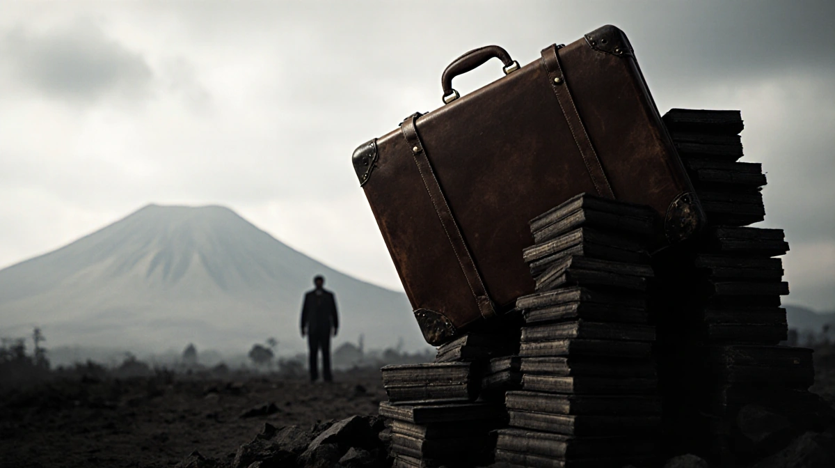 Old suitcase tilting over a stack of mountain-like piles with misty Venezuelan backdrop and a shadowy silhouette in distance.