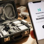Open suitcase spilling cables and tech gear with a faded Nomad Goods logo and phone screen showing promo code