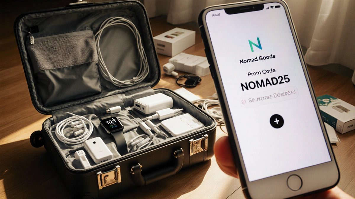 Open suitcase spilling cables and tech gear with a faded Nomad Goods logo and phone screen showing promo code