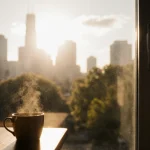 Coffee cup steaming with sunlight through a large open window and blurred cityscape outside.