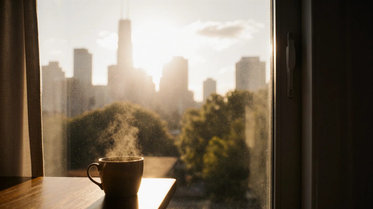 Coffee cup steaming with sunlight through a large open window and blurred cityscape outside.