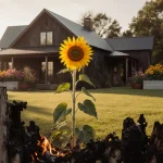 Sunflower garden blooming beside a charred fence with ember glow and a sunflower facing horizon