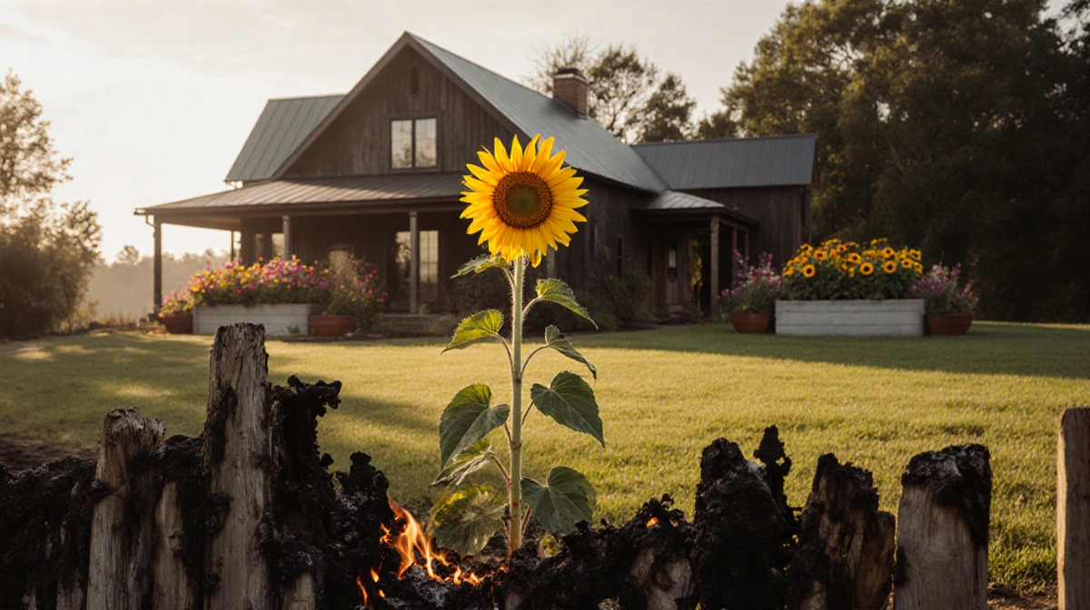 Sunflower garden blooming beside a charred fence with ember glow and a sunflower facing horizon