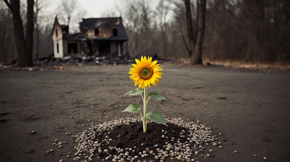 Sunflower stem grows tall with bright yellow petals and scattered seeds on empty lot and a burned-out house behind trees