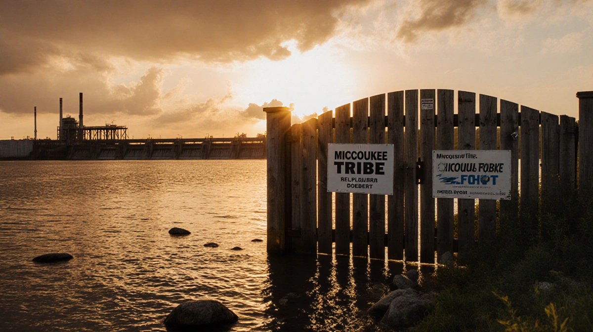 Wooden gate with Miccosukee Tribe and Rep. Lauren Boebert signs stands in sunset water with faint water treatment plant.