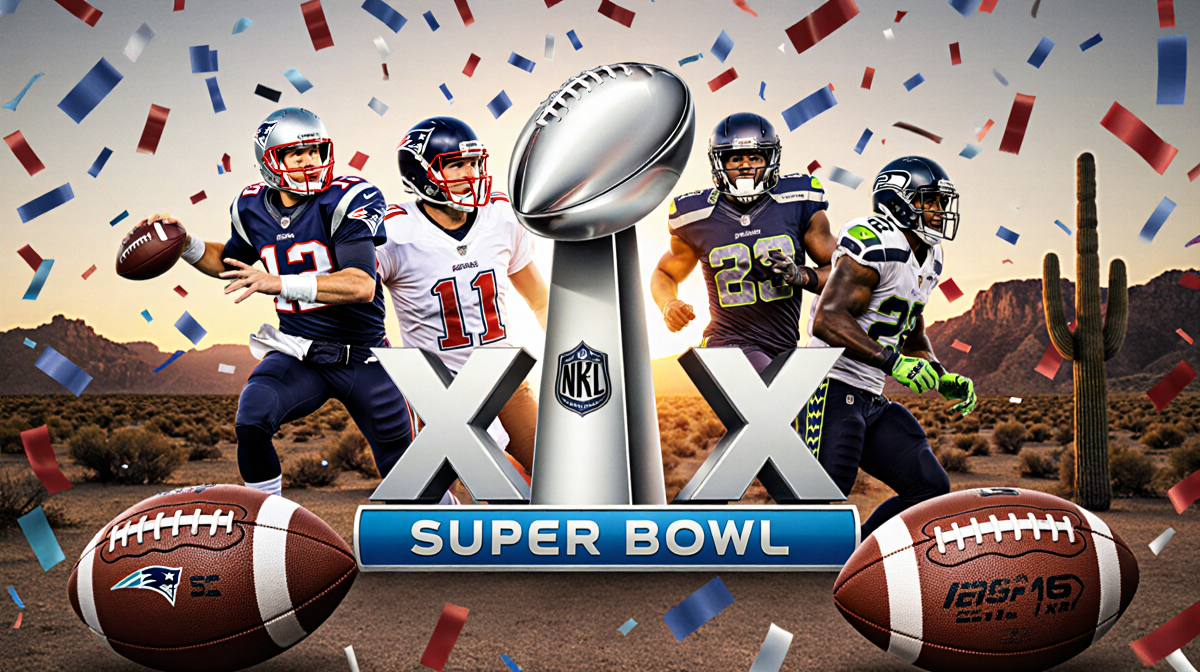 Patriots and Seahawks players celebrating with footballs and confetti Super Bowl XLIX logo set against a sunset backdrop
