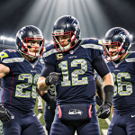 Seahawks defenders huddle around quarterback Russell Wilson with Patriots bench slumping and Seattle 12th Man Super Bowl XLIX