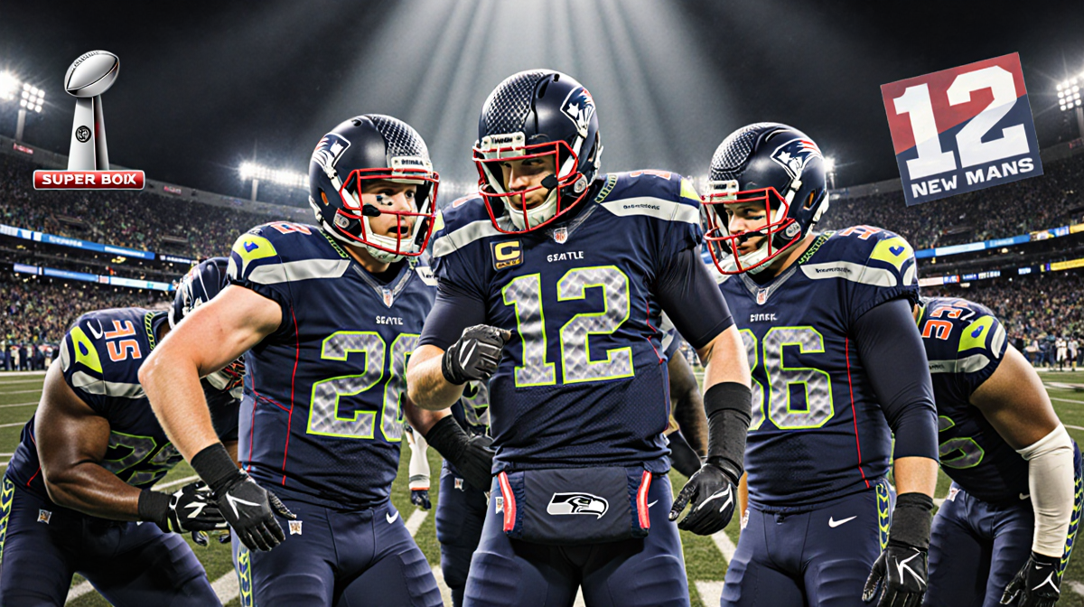 Seahawks defenders huddle around quarterback Russell Wilson with Patriots bench slumping and Seattle 12th Man Super Bowl XLIX