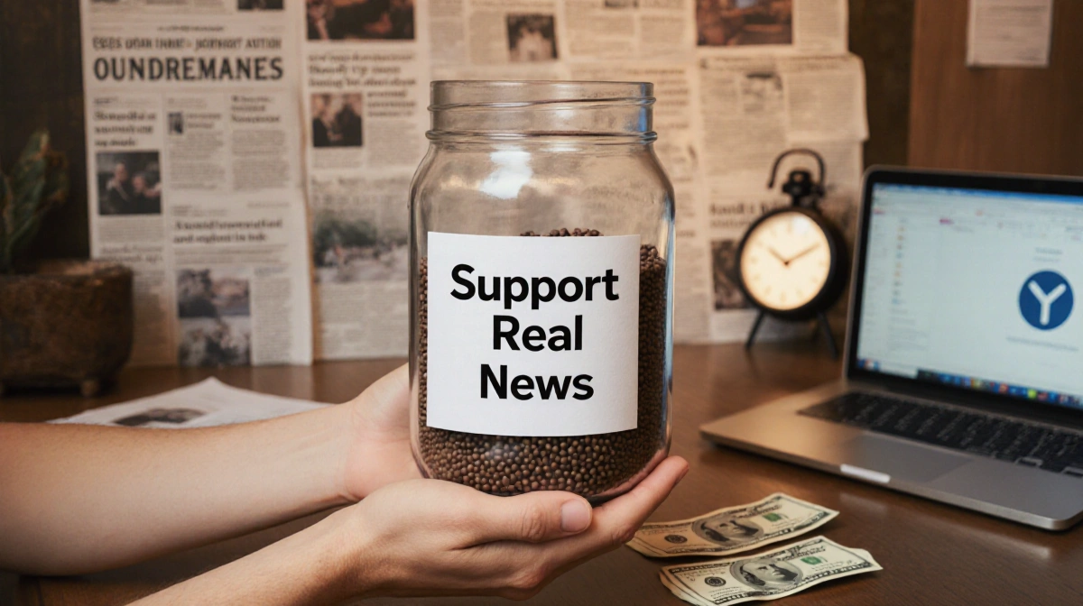Person holding donation jar labeled with brand name and Support Real News caption with dollars scattered around in cozy coffe