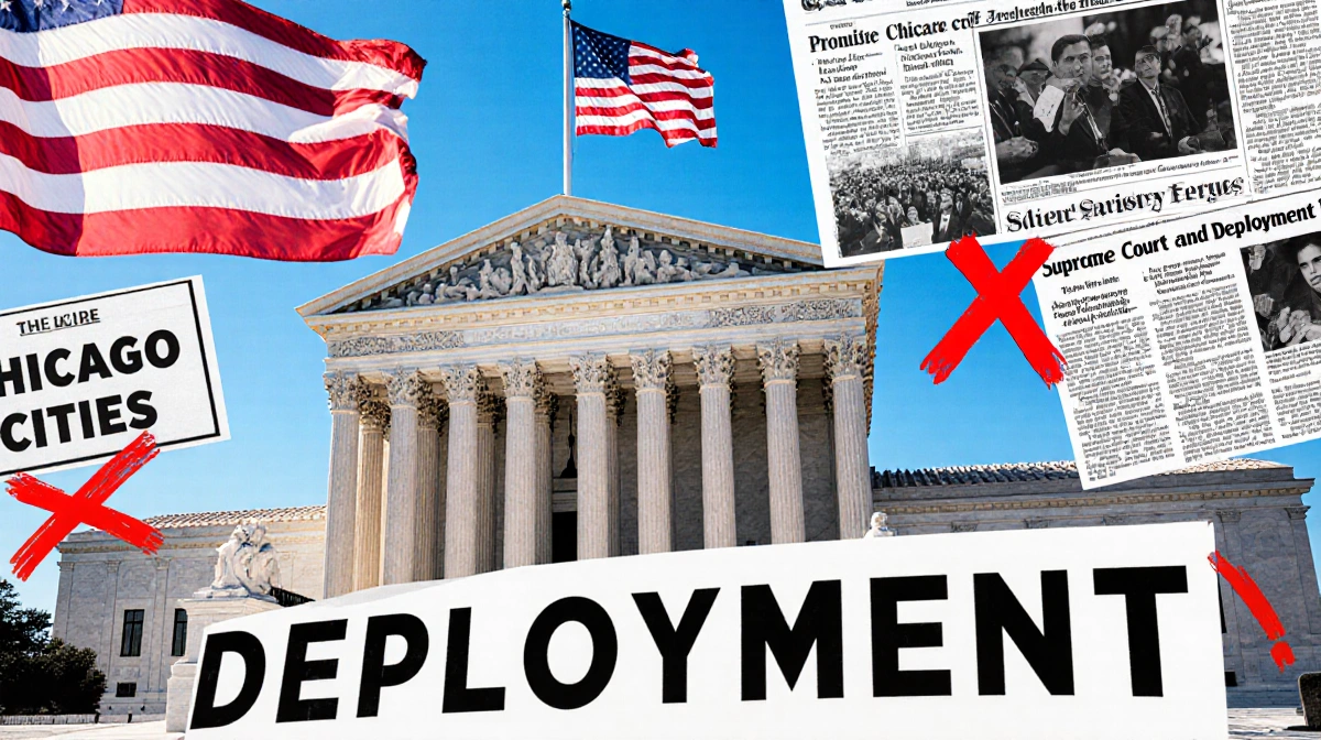 Supreme Court building stands with waving U.S. flag and 'Supreme Court Refuses Deployment' over protest signs with red X.