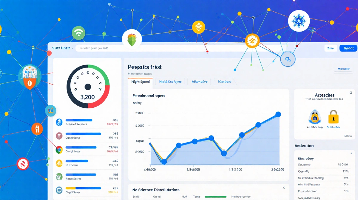 Speed test screen displays bold colorful graphs with 3,200 encrypted servers and ad blocker icons as tiny interconnected node