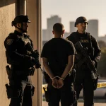 Two SWAT officers flank a handcuffed suspect against a wall with morning light casting long shadows over a blurred cityscape.