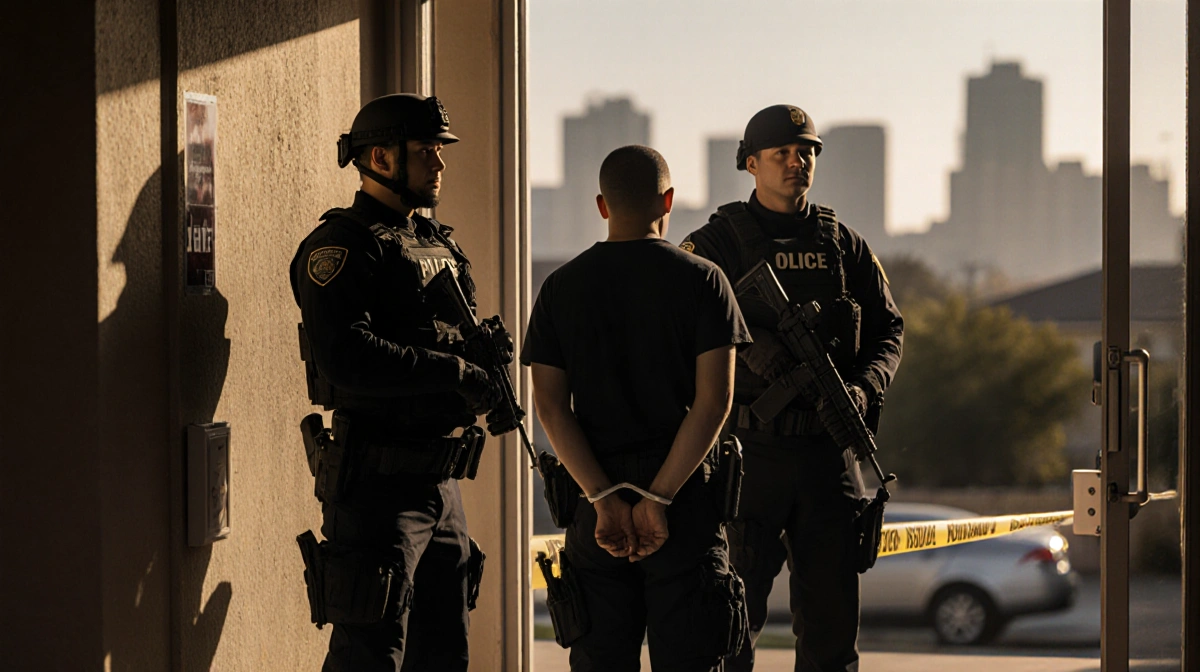 Two SWAT officers flank a handcuffed suspect against a wall with morning light casting long shadows over a blurred cityscape.