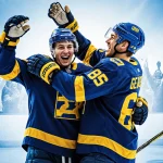 Swedish hockey high‑fiving and hugging each other with a cheering crowd and icy‑blue background during a World Junior victory