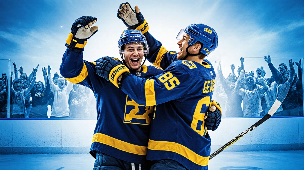 Swedish hockey high‑fiving and hugging each other with a cheering crowd and icy‑blue background during a World Junior victory