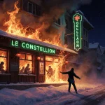 Lone figure freezes with arms outstretched beside roaring fire in alpine bar neon sign glowing over snowy street