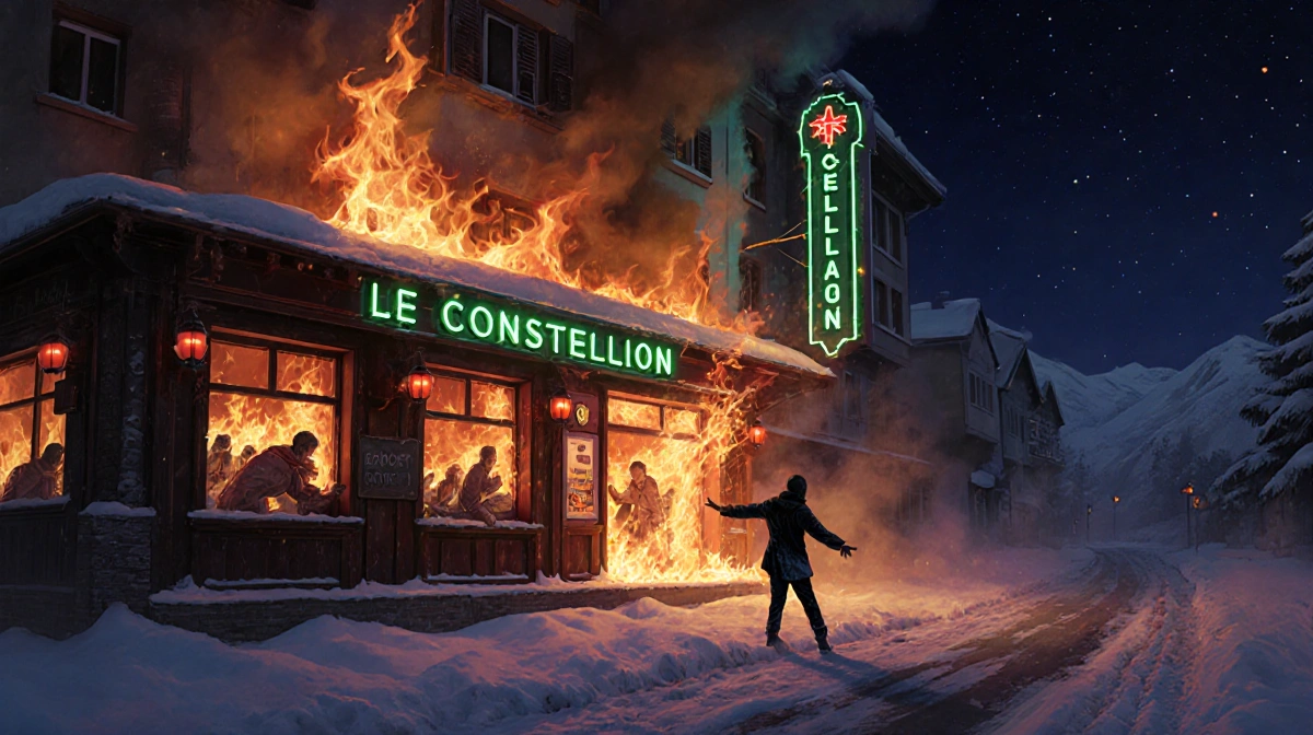 Lone figure freezes with arms outstretched beside roaring fire in alpine bar neon sign glowing over snowy street