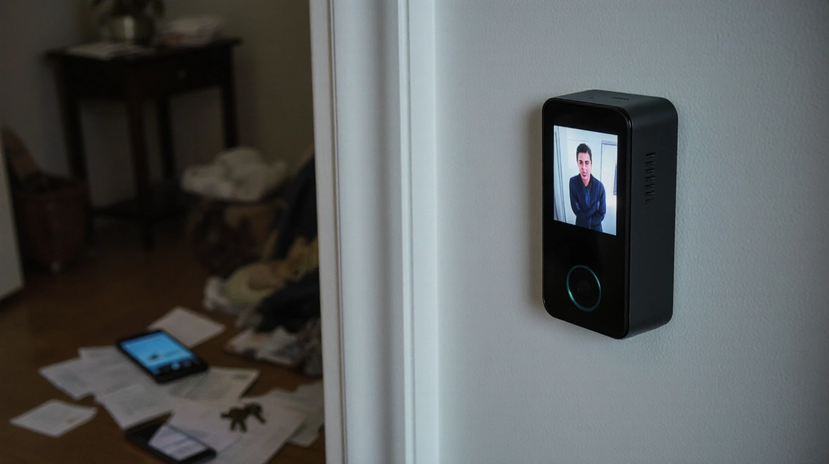 SwitchBot doorbell screen shows grainy visitor with disappointed look near scattered mail and idle smartphone