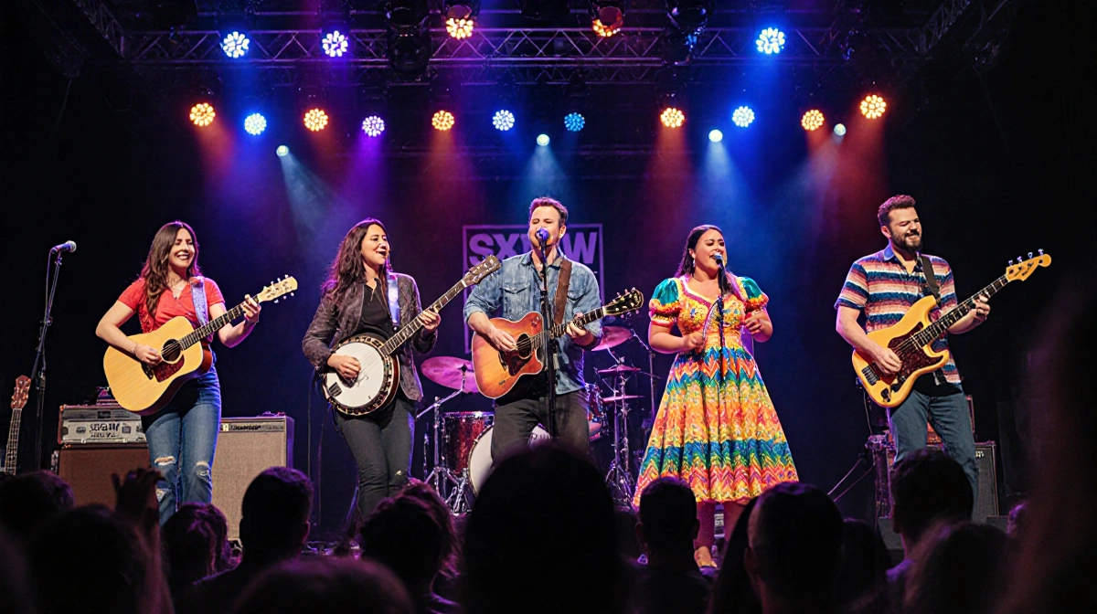 Austin musicians perform on stage with banjo and electric guitar under colorful lights with cheering crowd