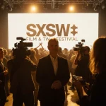 David E. Kelley greeting fans at SXSW Film Festival with glowing screen behind him and crowd celebrating
