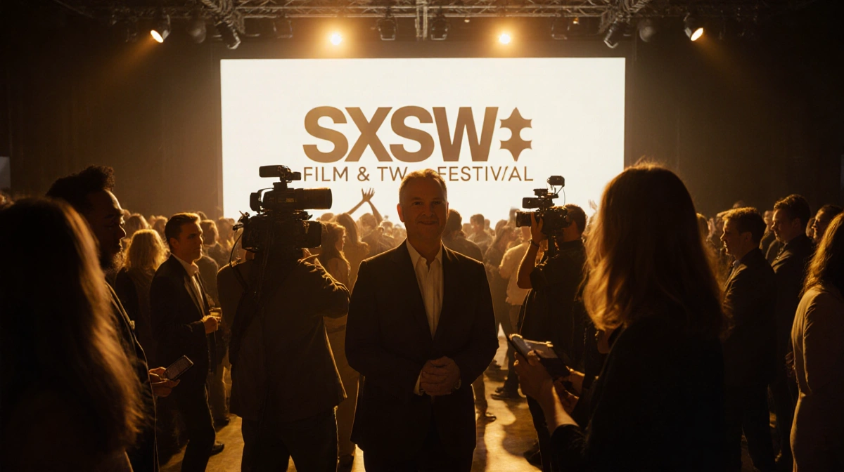 David E. Kelley greeting fans at SXSW Film Festival with glowing screen behind him and crowd celebrating