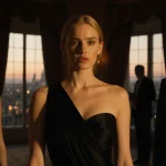 Sydney Sweeney standing in sleek black gown with dimly lit luxurious mansion and eerie atmosphere