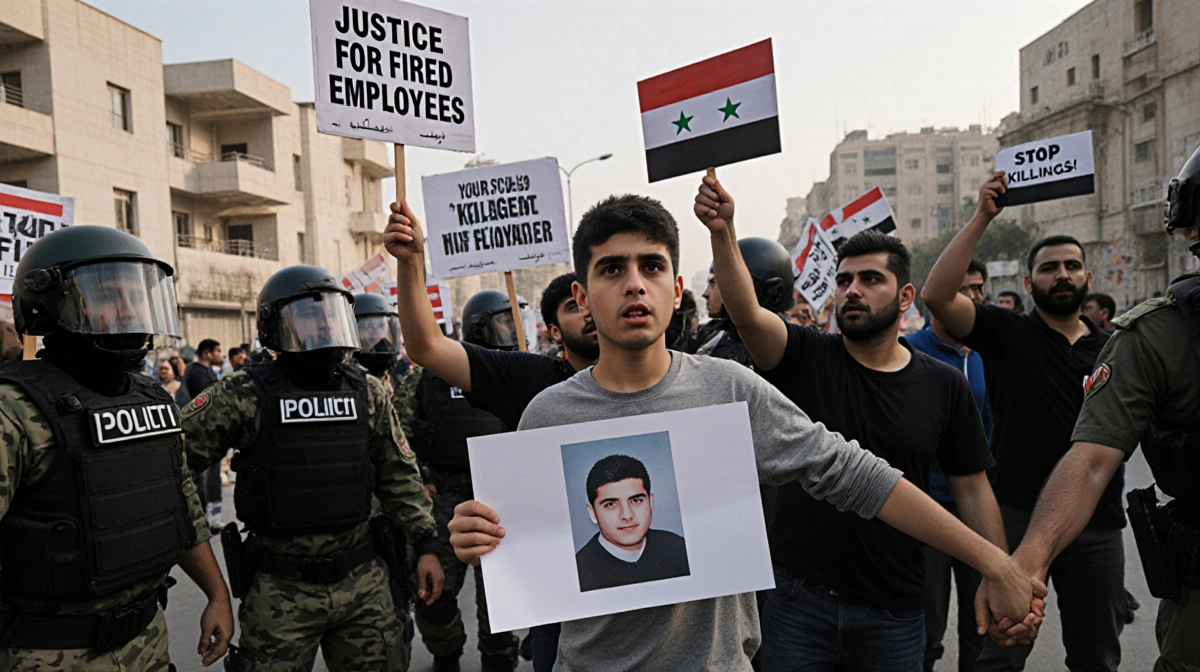 Young protester holding employee photo with determined look amid chants and signs with riot gear and Syrian backdrop
