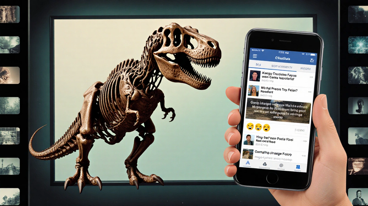 T-Rex fossil sits on movie screen with smartphone showing disappointed fan memes and retro film gradient