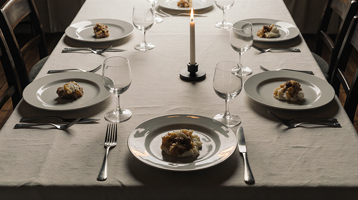 Table setting displays six candles and a center plate with a single serving.