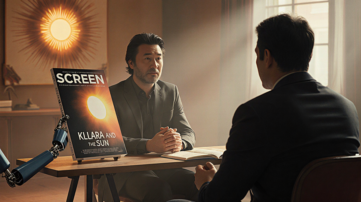 Taika Waititi speaking with Screen magazine and Klara and the Sun film on a table with warm tones and a faint robotic arm