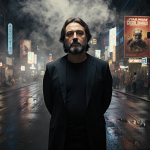 Taika Waititi standing with smoke-filled room and neon city lights reflecting on wet pavement