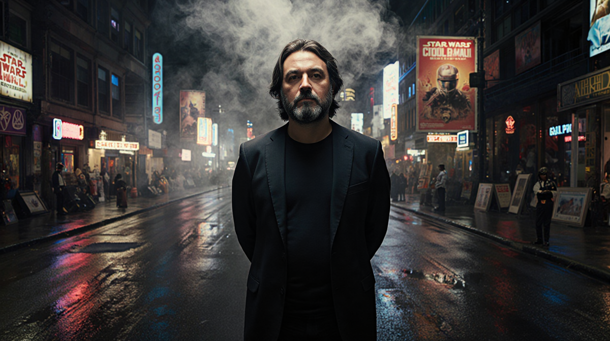 Taika Waititi standing with smoke-filled room and neon city lights reflecting on wet pavement