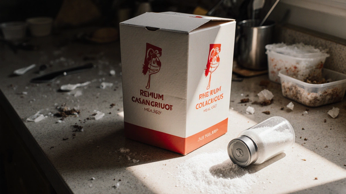 Takeout meal box sits on messy counter with spilled salt crystals catching light and food containers nearby