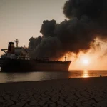 Tanker ship looms over coast with anchor in sand and orange sunset behind it and lone oil derrick stands in cracked earth