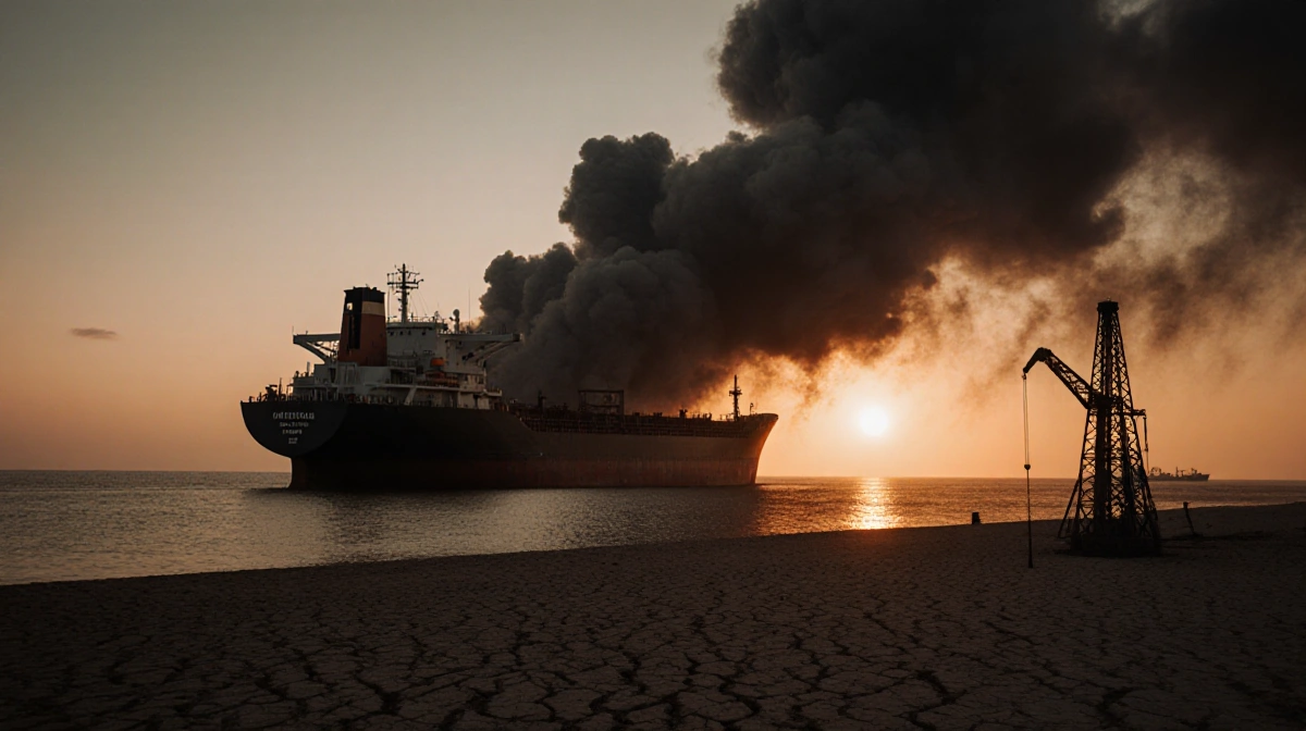 Tanker ship looms over coast with anchor in sand and orange sunset behind it and lone oil derrick stands in cracked earth