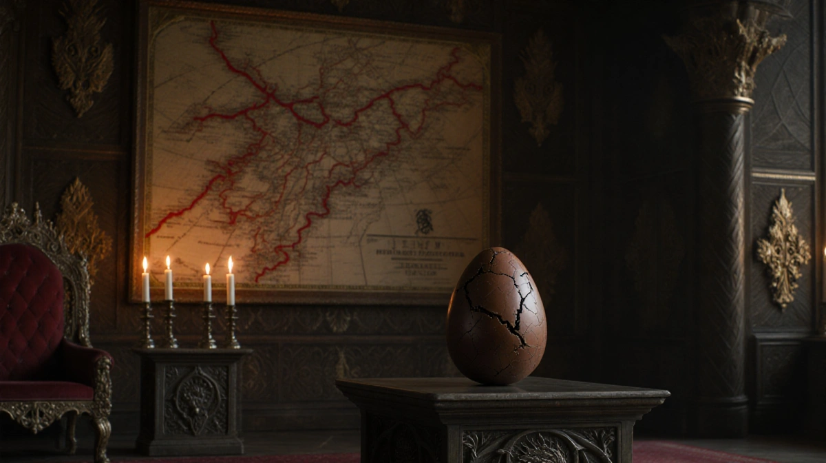 Dragon egg rests on pedestal with Targaryen crest behind and candlelit throne room