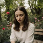 Tatiana Schlossberg sitting in a botanical garden with soft filtered light and a rose near a vintage bench and eyes down