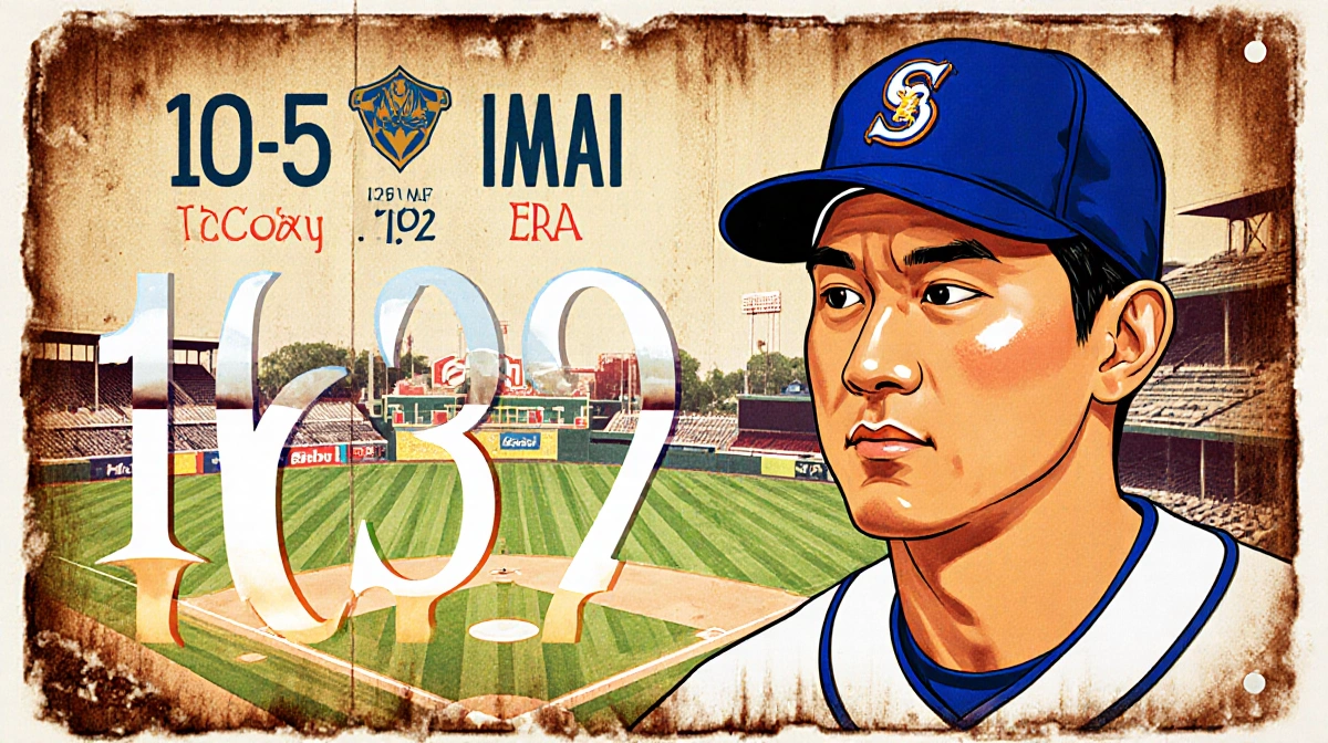 Right-handed pitcher Tatsuya Imai pitching with 10-5 record and 1.92 ERA on a baseball card backdrop in Seibu Lions colors